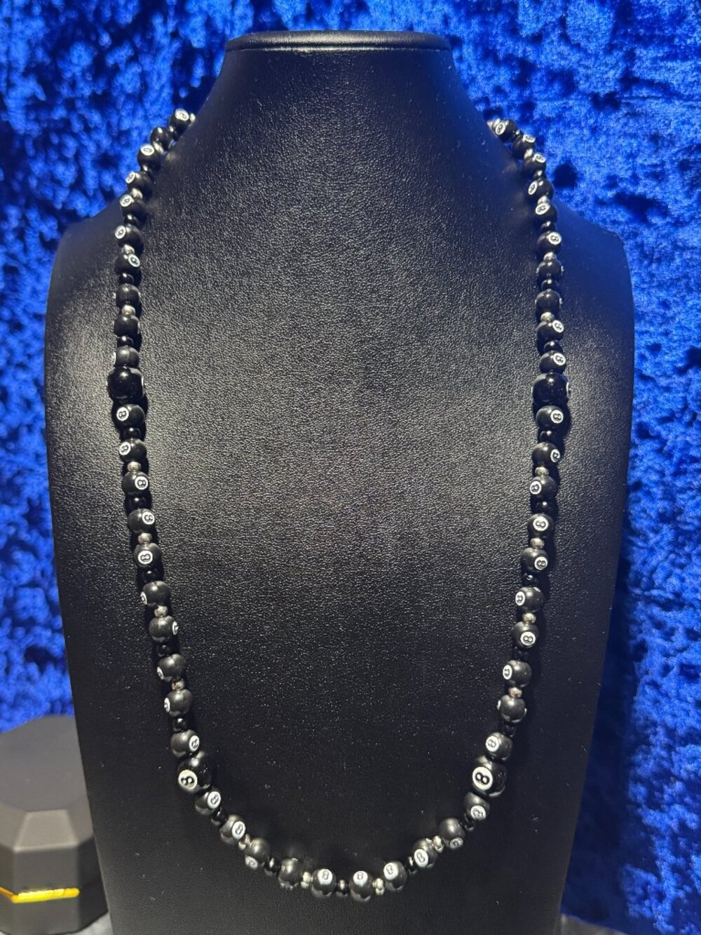 8 Ball Tennis Necklace Black, White, White Gold Plated, 8Mm, 12 Mm